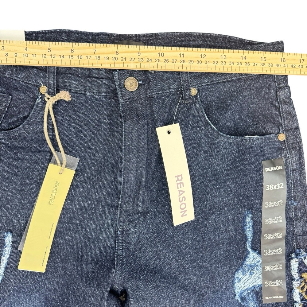 NEW REASON BRAND Men 38x32 Dark Wash Skinny Jeans Baroque Side Panel Distressed - Picture 3 of 13